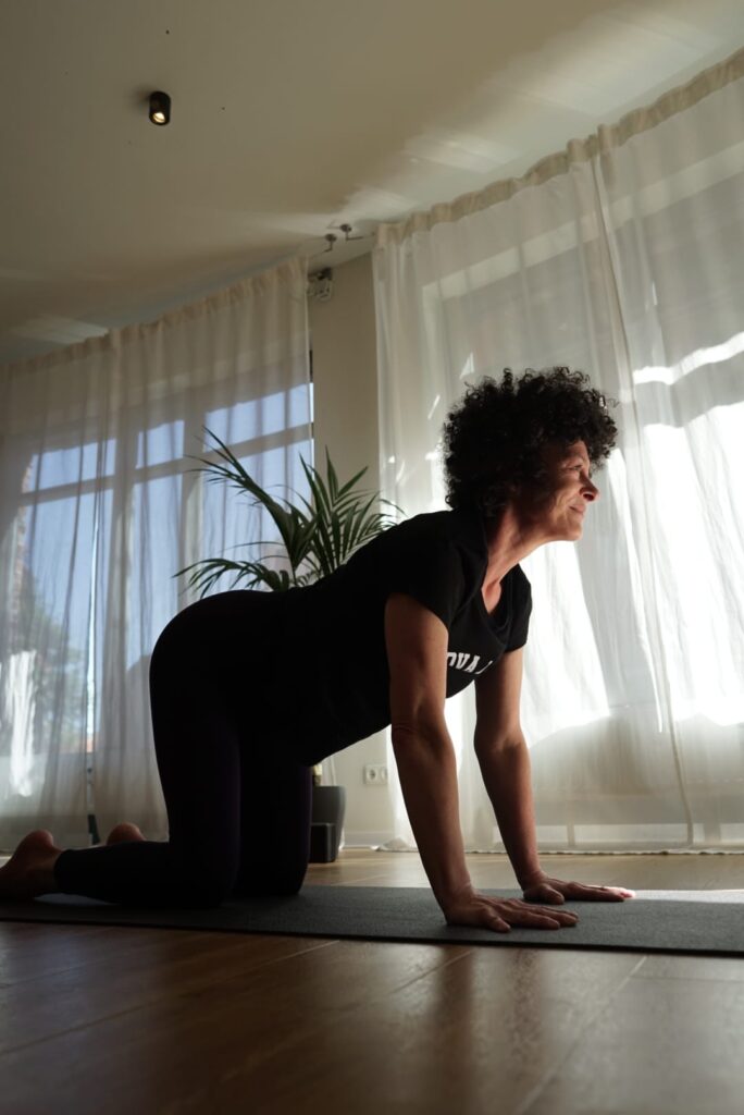 Frau in Yogaposition, Vierfussstand auf dem Boden, Pflanze und Gardine im Hintergrund